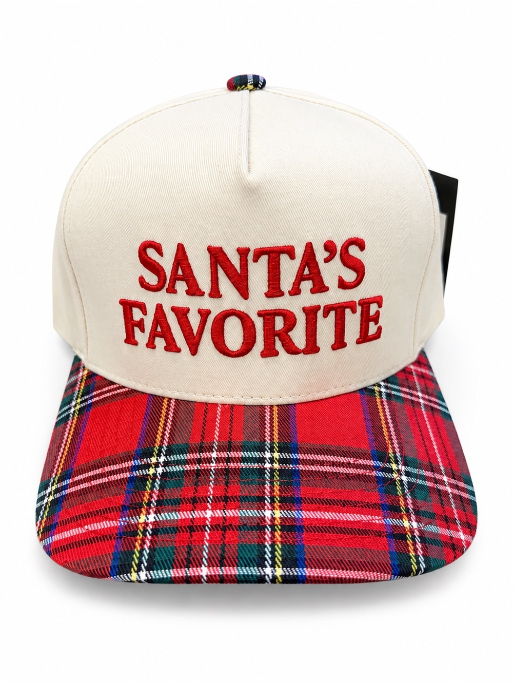 C.C Santa’s Favorite Christmas Hat Cream Red Plaid Trucker Snapback NWT